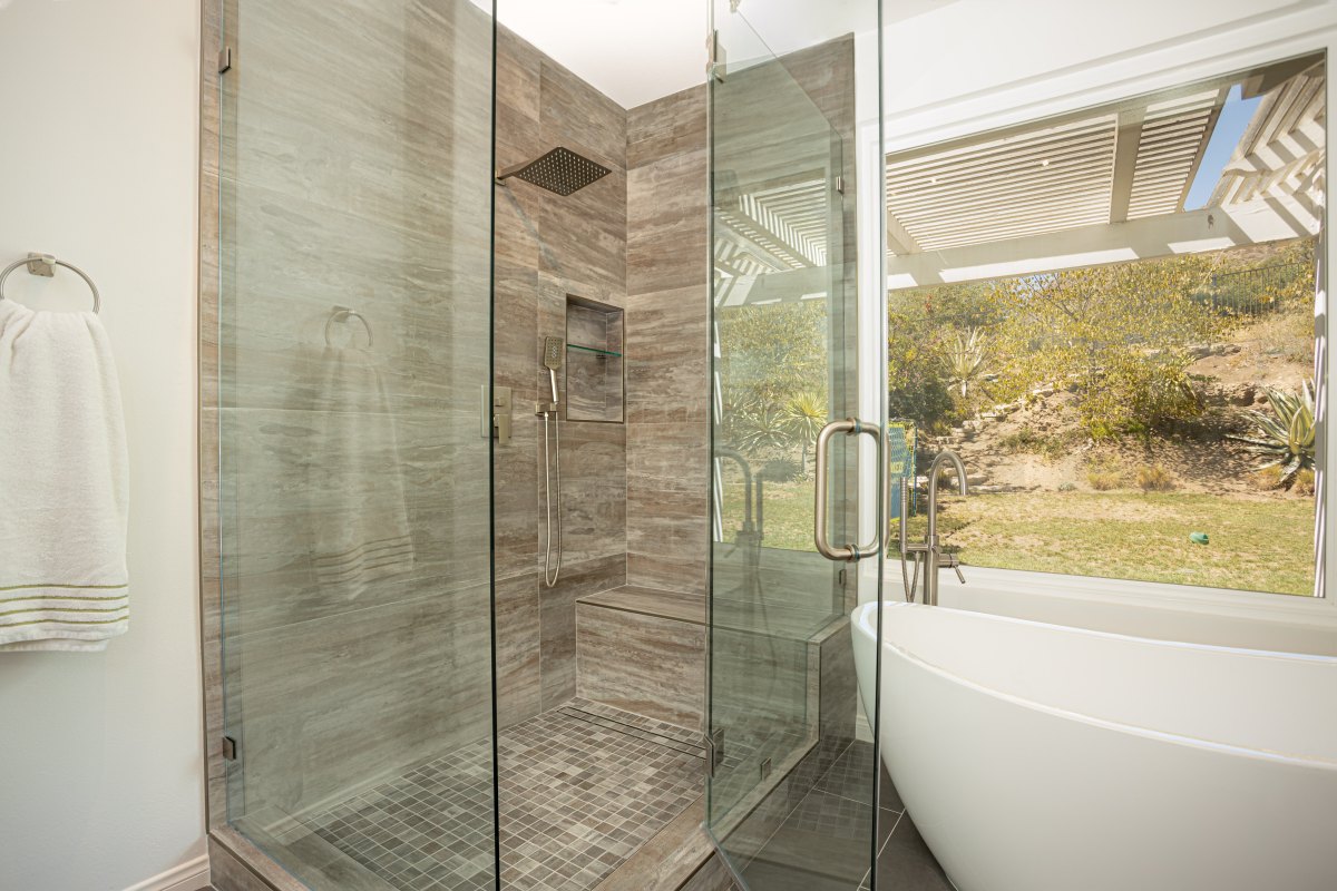 Bathroom remodeling project with tile and contemporary fixtures