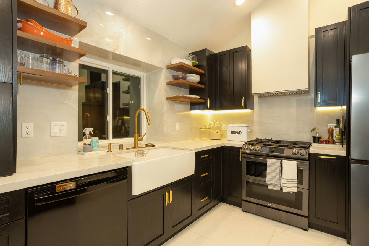 Remodeled kitchen with custom cabinetry and stone surfaces