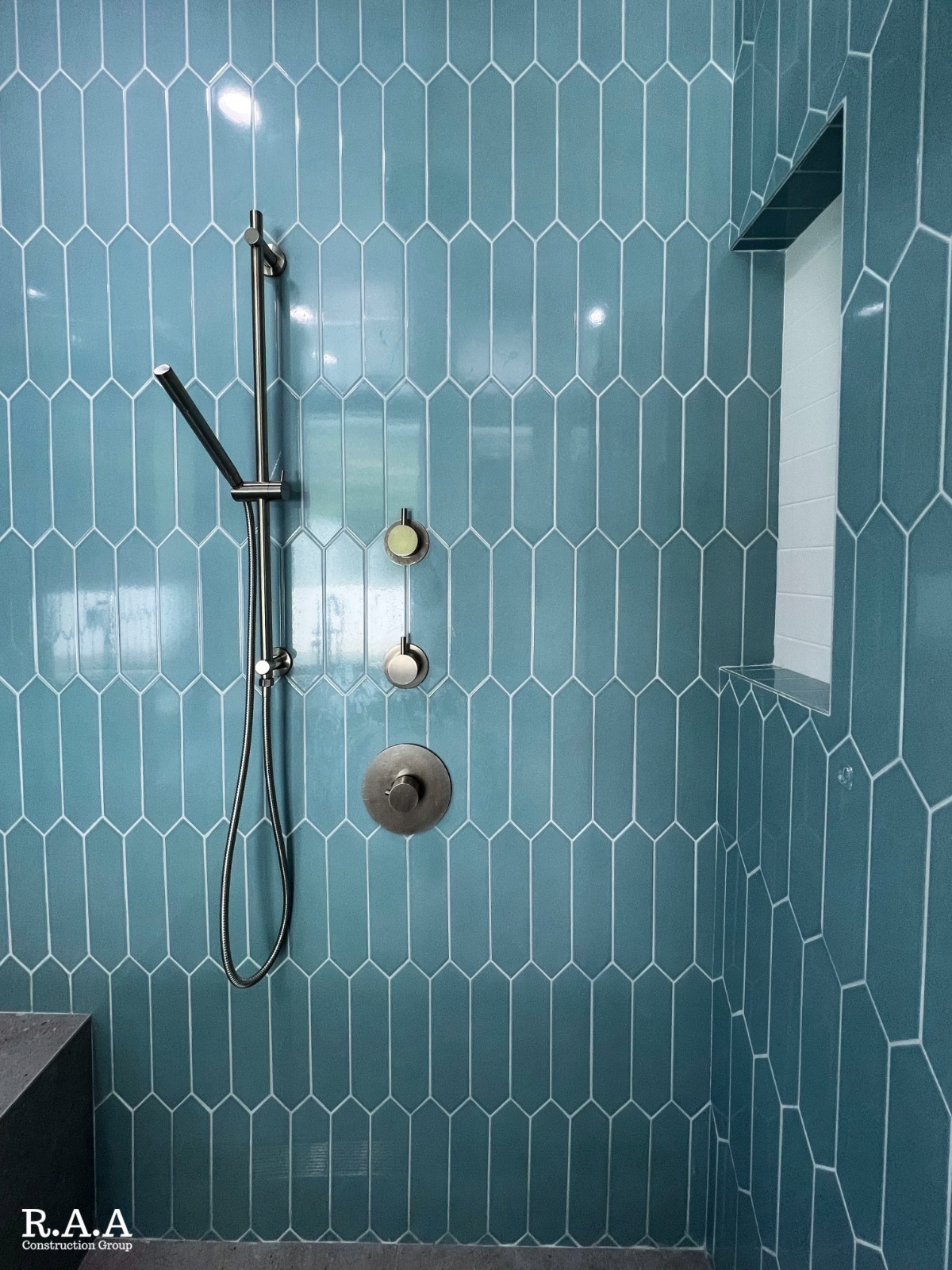 Custom remodeled bathroom with shower finishes